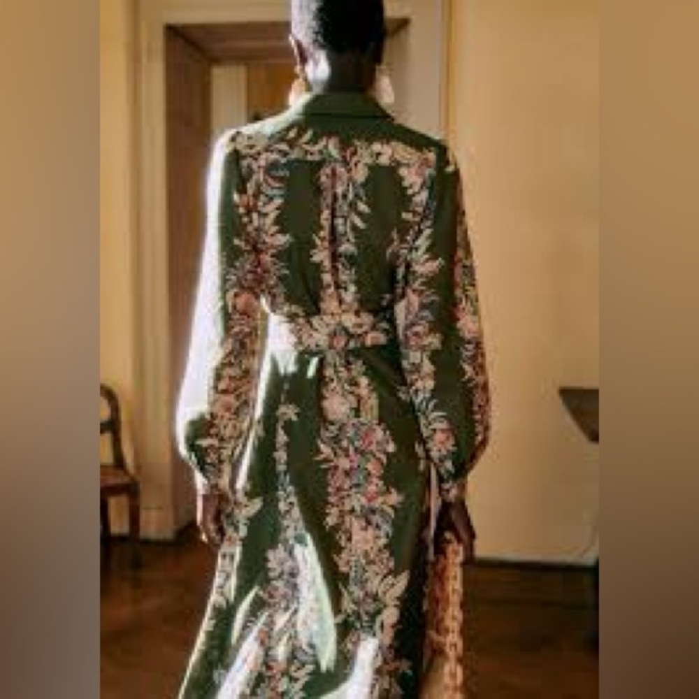 Sezane Olive Green Floral Long Sleeve Shirt Dress - Picture 4 of 5